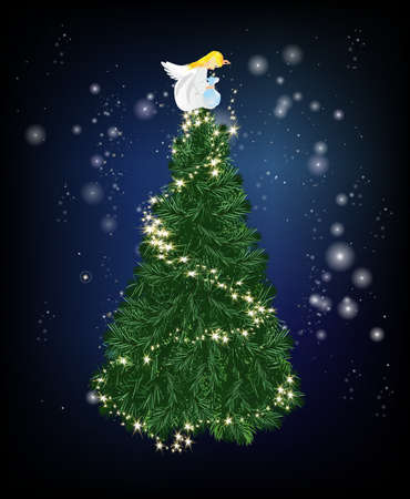 composition with an angel woman who sits on the christmas tree and throws starsのイラスト素材