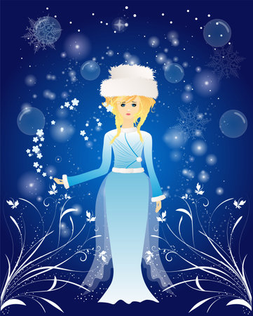 composition with a beautiful winter girl wearing a blue dress and a fur hatのイラスト素材