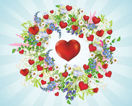 valentines day decoration with flower wreath and red flowersのイラスト素材