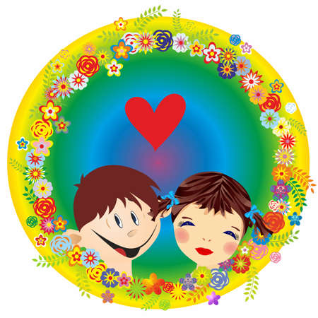 composition with children surrounded by a wreath of flowersのイラスト素材