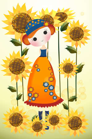 composition with a girl who walks among sunflowersのイラスト素材