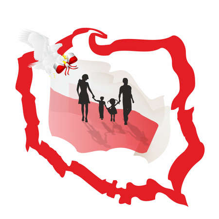 red and white composition with the contours of Poland and the family that walksのイラスト素材