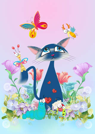 colorful, a composition with a cat sitting among flowers and colorful insectsの写真素材