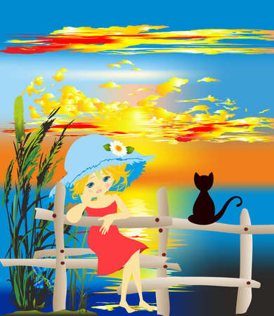 romantic composition showing the sunset over the lake and a girl sitting on the fenceのイラスト素材