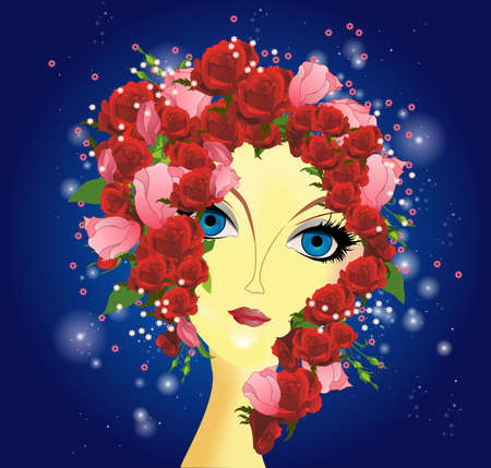 composition with a portrait of a woman whose head is surrounded by flowers and leavesのイラスト素材