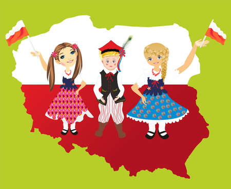 red and white composition with the contours of Poland and children in national costumes standing against the background of the map of Polandのイラスト素材