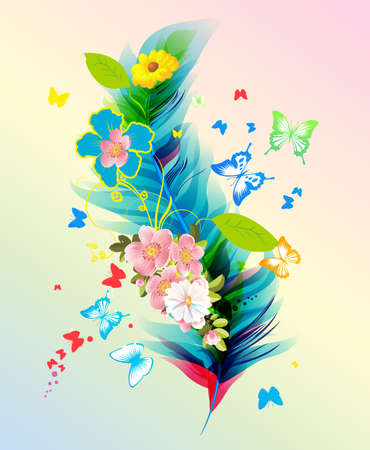 composition with colored feather, colored flowers and butterfliesのイラスト素材
