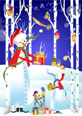 winter composition with snowmen in red coats and birdsのイラスト素材