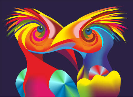 composition showing the meeting of two colorful parrotsのイラスト素材