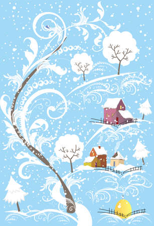 winter composition with houses, trees, hills and snowのイラスト素材