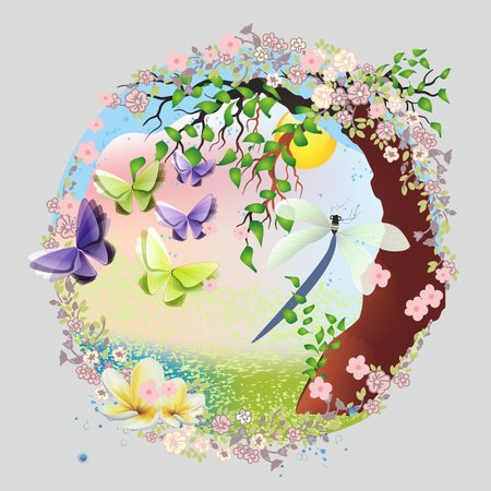 spring composition with flowers, butterflies, tree and dragonflyのイラスト素材