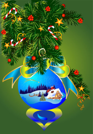 composition for Christmas with a bauble on which there is a Christmas landscape with Santa Claus and a Christmas treeのイラスト素材