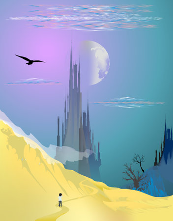 composition with a man walking towards a castle visible on the horizonのイラスト素材