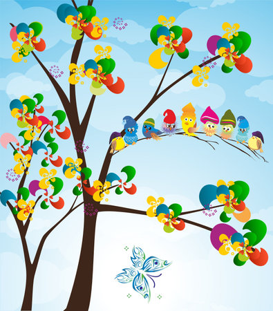 composition with colorful birds on a blue backgroundのイラスト素材
