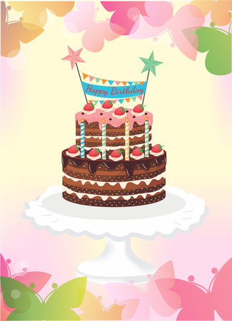 composition for a birthday with a cake and a colorful inscription