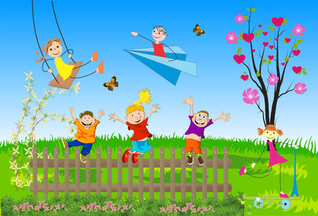 cheerful composition with a child who play in the meadowの写真素材