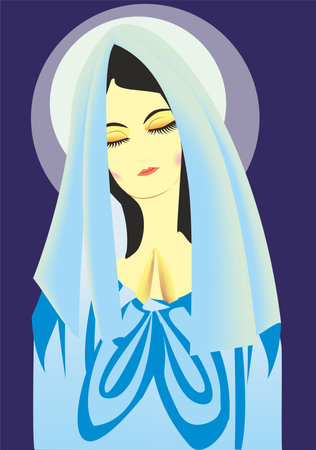 composition with the Virgin Mary in a blue dress and veil,のイラスト素材