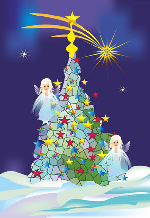 composition with a mosaic Christmas tree and two angelsのイラスト素材