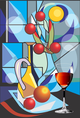 composition with a vase, flowers, carafe and glassのイラスト素材