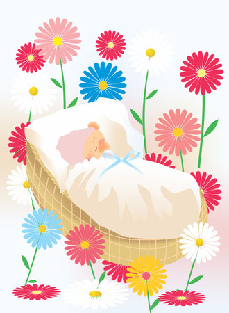 composition with a sleeping baby surrounded by colorful flowersのイラスト素材