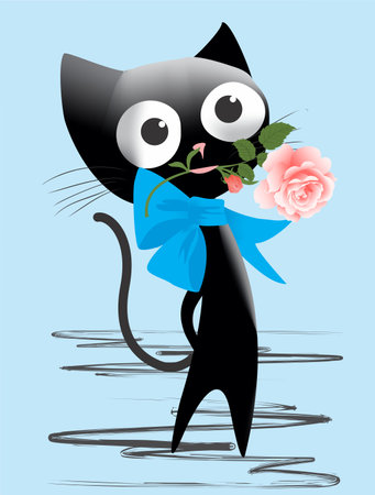 composition with a black cat with a ribbon holding a rose in its mouthのイラスト素材