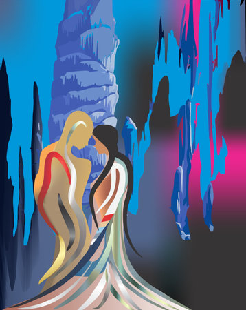 a fairy-tale composition with a girl and a boy who meet in a fantasy landのイラスト素材