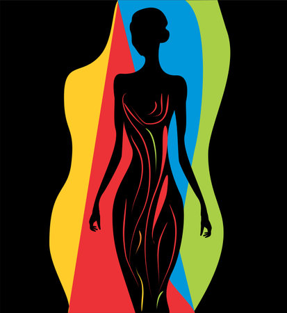 composition with a woman standing against the background of colorful figuresの写真素材
