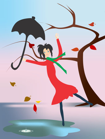 autumn composition with girl holding umbrellaのイラスト素材