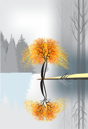 composition with autumn tree with yellow and orange leavesの写真素材