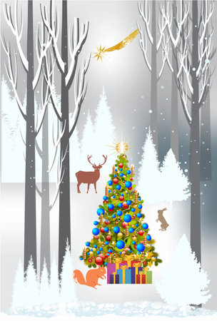 Christmas composition with christmas tree in the forestの写真素材