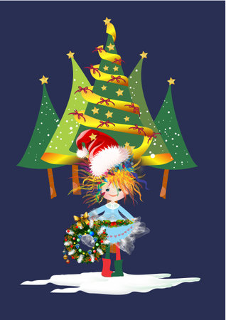 Christmas composition with girl and Christmas treesの写真素材