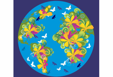 cheerful composition with continents covered with flowers and greeneryの写真素材