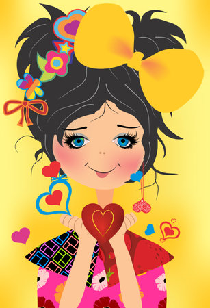composition with smiling colorful girlのイラスト素材