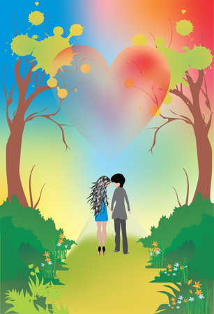 composition with a couple in love who are walking in the park,のイラスト素材