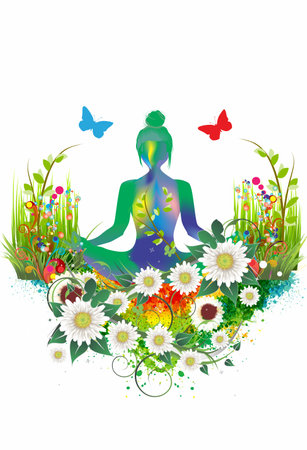 composition with a girl who meditates in a natural environmentの写真素材