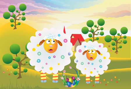 easter composition with rams and easter eggsのイラスト素材