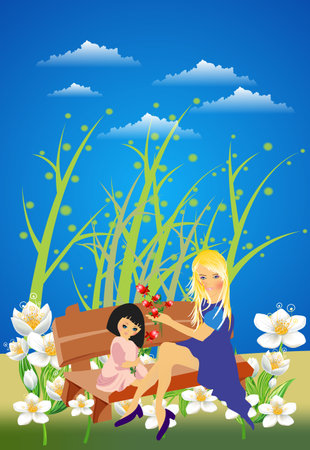 composition with mom and daughter sitting on benchの写真素材