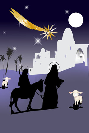 Christmas composition with Mary and Joseph traveling to Bethlehemのイラスト素材