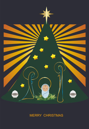 Composition with Holy Family and Christmas inscriptionのイラスト素材