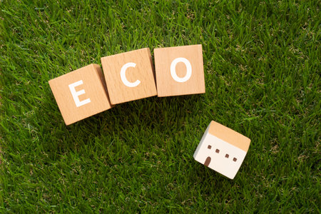 Wooden blocks with "ECO" text of concept and a house toy.の写真素材