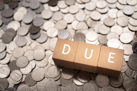 Wooden blocks with "DUE" text of concept and coins.の写真素材