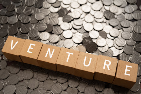 Wooden blocks with "VENTURE" text of concept and coins.の写真素材