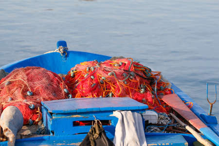 Fishing nets closeup. Background of fishing nets and floats.の写真素材