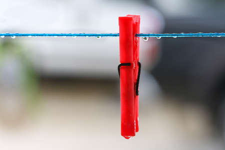 Red clothes peg on clothesline with rain drops.の写真素材