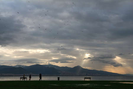 Sunset or sunrise on the beach. Nice sunset over the sea. Panorama landcap to see.