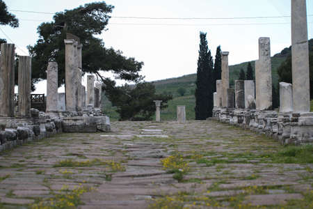 Marble street and acropolis in Bergama Turkey.の写真素材