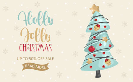 Festive discount card with Christmas tree and toys. Vector illustration.のイラスト素材