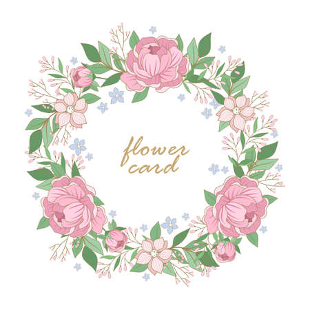 Summer floral frame. Flowers, leaves and twigs. Composition for a wedding or a postcard. Vector illustration.のイラスト素材