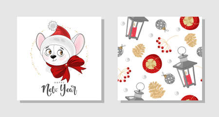 Set of holiday gift cards with Mouse, inscriptions and hand-drawn design elements. Vector illustration.のイラスト素材