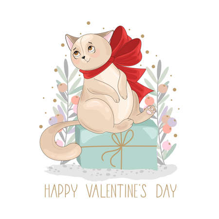 Valentine's day card. Romantic cat with festive elements. Hand lettering. Vector illustration. Template for Invitation, greetings, congratulations, postersのイラスト素材